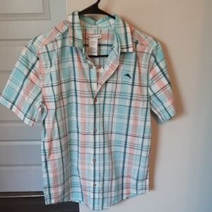 Tommy Bahama Blue and Pink Plaid Shirt Kids Xl Size 14